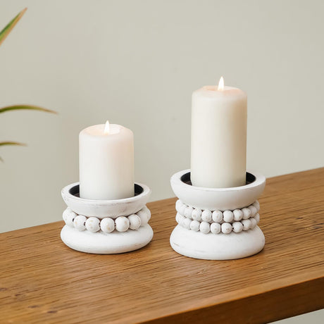 NIKKY HOME Farmhouse Beaded Wooden Pillar Candle Holders Set of 2, Rusitc Solid Wood Candlesticks Pedestal, Fireplace Mantle Table Centerpiece Decor, Distressed White NIKKY HOME