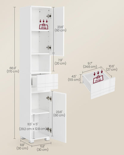 VASAGLE Tall Bathroom Cabinet, Slim Bathroom Storage Cabinet, Freestanding Narrow Cabinet with a Drawer, Adjustable Shelves, Open Compartment, for Small Spaces, White UBBC560P31