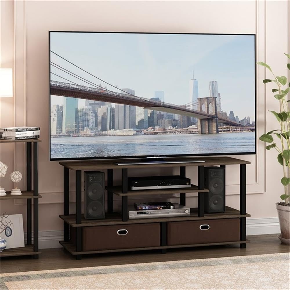 Furinno JAYA Large Stand for up to 50-Inch TV, Columbia Walnut/Black/Dark Brown - WoodArtSupply