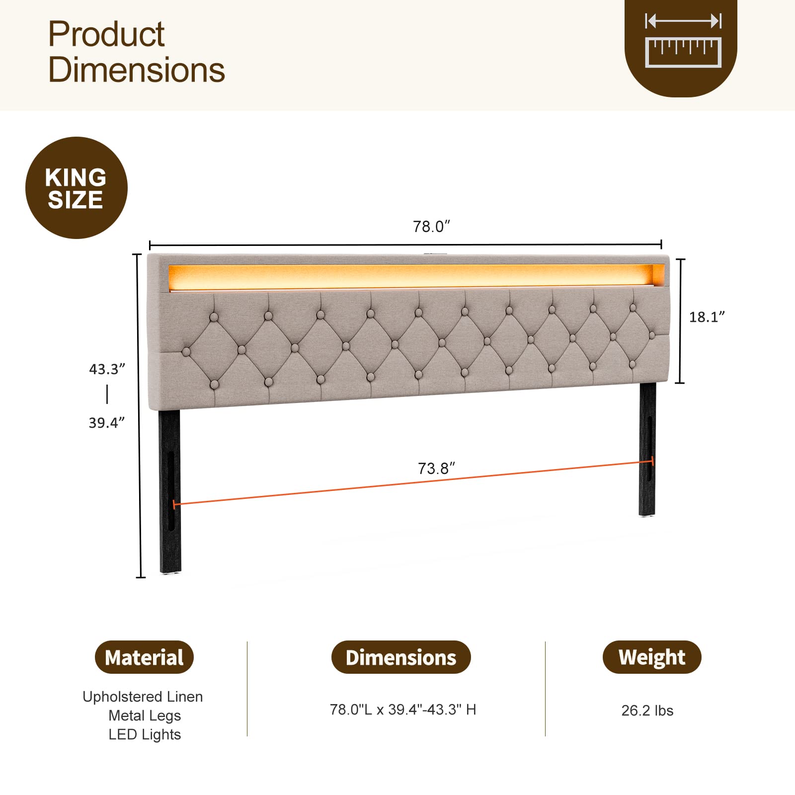 IKIFLY Adjustable King Size Upholstered Headboard with LED Lights & USB Ports in Light Brown - WoodArtSupply