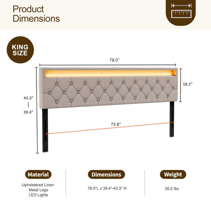 IKIFLY Adjustable King Size Upholstered Headboard with LED Lights & USB Ports in Light Brown - WoodArtSupply