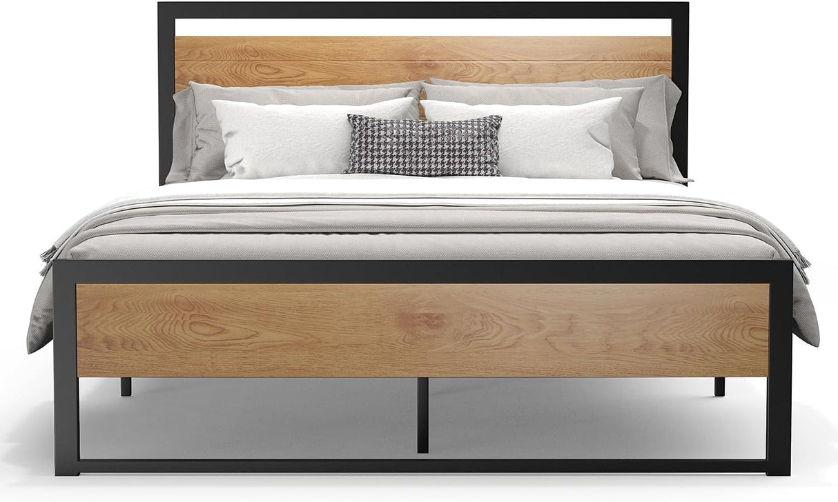 BONSOIR Queen Size Steel Platform Bed Frame with Wooden Headboard and Footboard BONSOIR