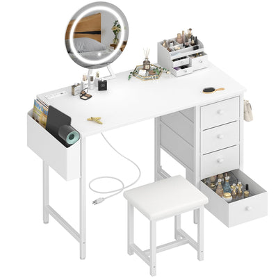 KAI-ROAD White Vanity Desk with Mirror and Light- Makeup Vanity Set Table with Chair, Storage, Lighted Mirror, 4 Large Fabric Drawers & Power Outlet, Dressing Table Vanities for Girls Bedroom