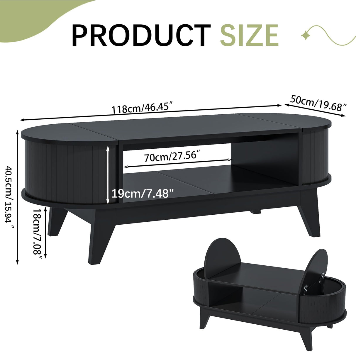 Coffee Table with 2 Hidden Storage,Mid Century Modern Coffee Table with Fluted Finish,Wood Center Tables Oval Coffee Tables with Flip-Top Lids for Living Room Home Office (Black) Mxtxmy