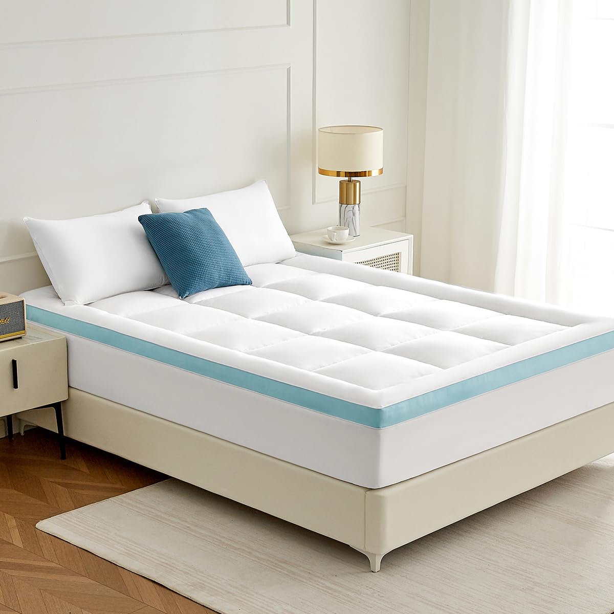 STWIENER King Mattress Topper, Pillow Top Mattress Topper for Back Pain Relief, Extra Thick Mattress Pad Deep Pockets for 8"-21", Soft Down Alternative Fill Mattress Protector, Blue Stripe STWIENER