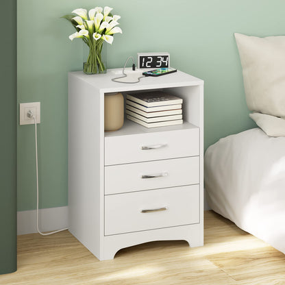 White Nightstand with Charging Station, Modern End Side Table with 3 Drawers, Wooden Cabinet Stand by Sofa, Bedside Tables for Bedroom with USB Ports Outlet & Open Storage