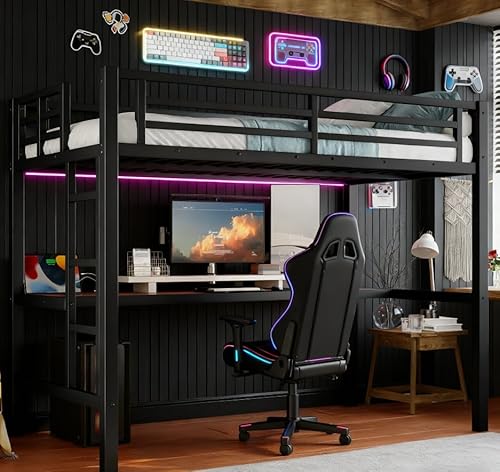 Bellemave Twin Loft Bed with Desk and LED, Metal Twin Loft Bed Frame with USB guardrail and Ladder for Adults, Kids, Teens, Black Bellemave