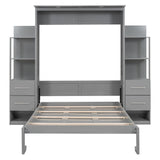 BIADNBZ Full Size Murphy Bed with Storage Drawers and LED Lights,Wooden Wall Bedframe with Shelves for Guestroom, Home Office,Gray BIADNBZ
