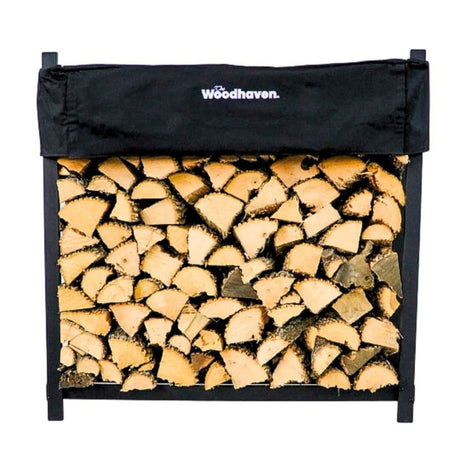 Woodhaven Black 4 Foot - Heavy Duty Made In USA - Indoor Outdoor - 1/4 Cord Firewood Storage Log Rack With Seasoning Cover Combo Set - Metal Log Storage - 48” x 48” Woodhaven