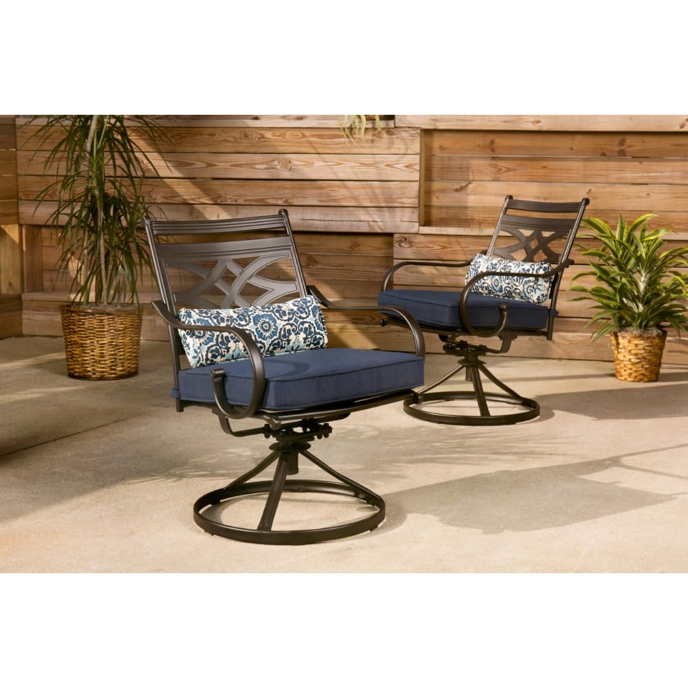 Hanover Montclair 7-Piece Outdoor Dining Set with 6 Swivel Rockers, Navy Blue Cushions and Stamped Steel Rectangular Dining Table, Patio Dining Set for 6, Premium All-Weather Patio Furniture for Deck Hanover