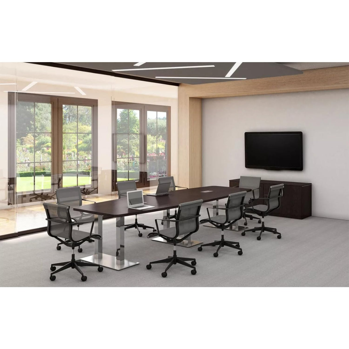 Thaweesuk Shop Espresso Finishes 12 ft Modern Executive Boat Shaped Wood Conference Table Dual Post Metal Legs Grommets Racetrack Black 2 Power Data Modules Boardroom Room Meeting Business Furniture Generic