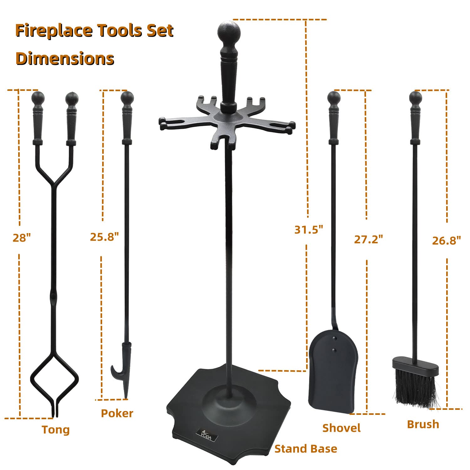 VODA Fireplace Tools Set 5 Pieces 31.5In Cast Iron Indoor Fireside Accessories Large Fire Place Tool Set Outdoor Holder Fire Kit Stand Wood Stove Log Shovel Brush Tong and Fireplace Poker - WoodArtSupply