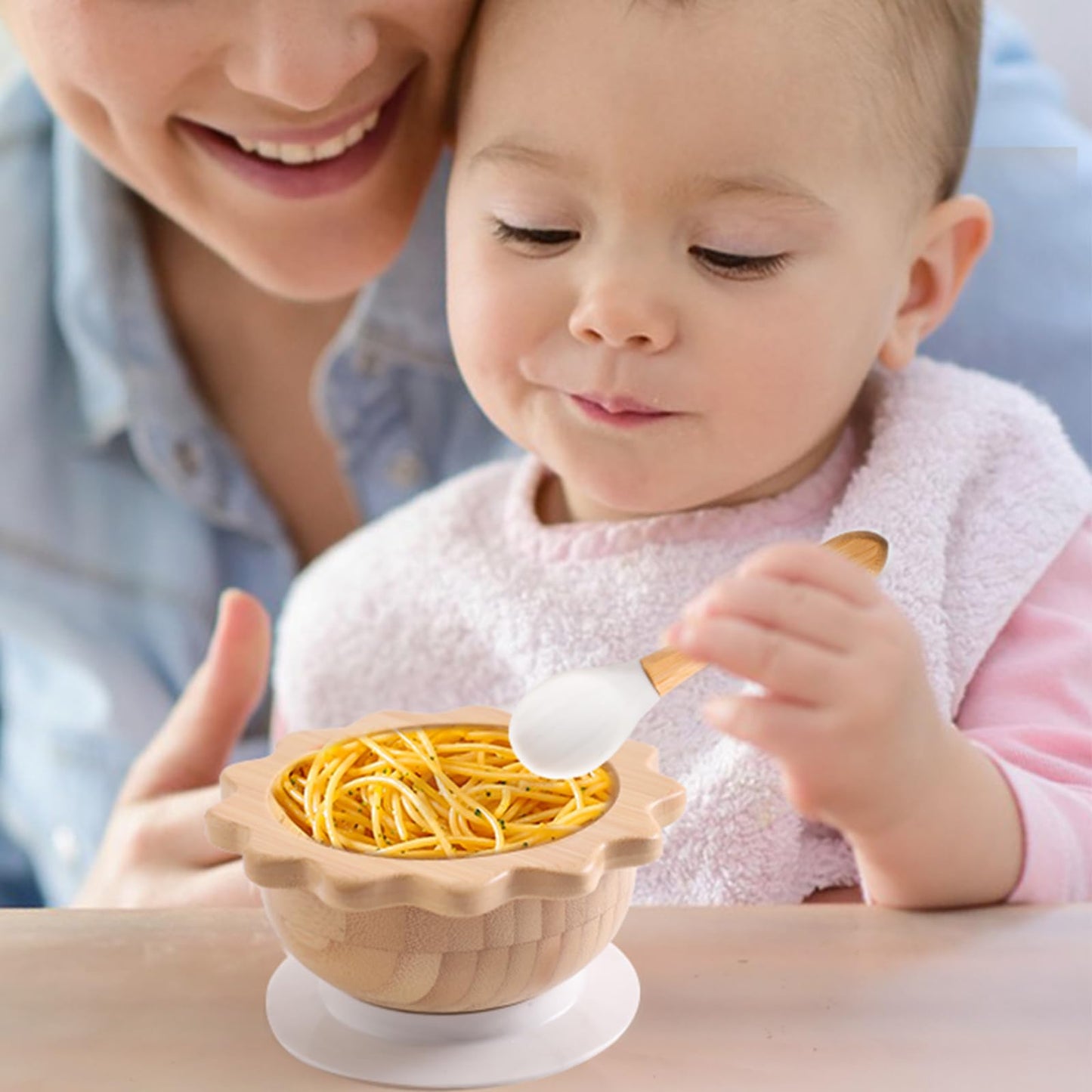 Bamboo Suction Plates Bowls Set for Baby Toddler Divided Platter Food bowl with Silicone Fork & Spoon All-Natural Baby Feeding Set for Baby-Led Weaning, Non-Slip Design