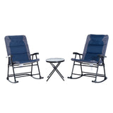 Outsunny 3 Piece Outdoor Patio Furniture Set with Glass Coffee Table & 2 Folding Padded Rocking Chairs, Bistro Style for Porch, Camping, Balcony, Navy Blue Outsunny