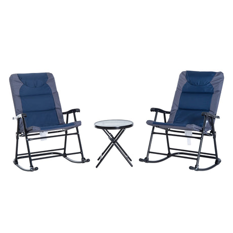 Outsunny 3 Piece Outdoor Patio Furniture Set with Glass Coffee Table & 2 Folding Padded Rocking Chairs, Bistro Style for Porch, Camping, Balcony, Navy Blue Outsunny