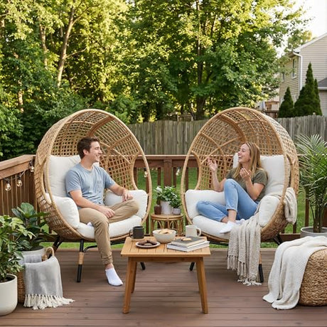 TQKVIPI 2 pcs Oversized Wicker Egg Chair Outdoor Indoor - Rattan Patio Egg Lounge Chairs with Cushion 500lbs Capacity for Living Room, Balcony, Backyard TQKVIPI