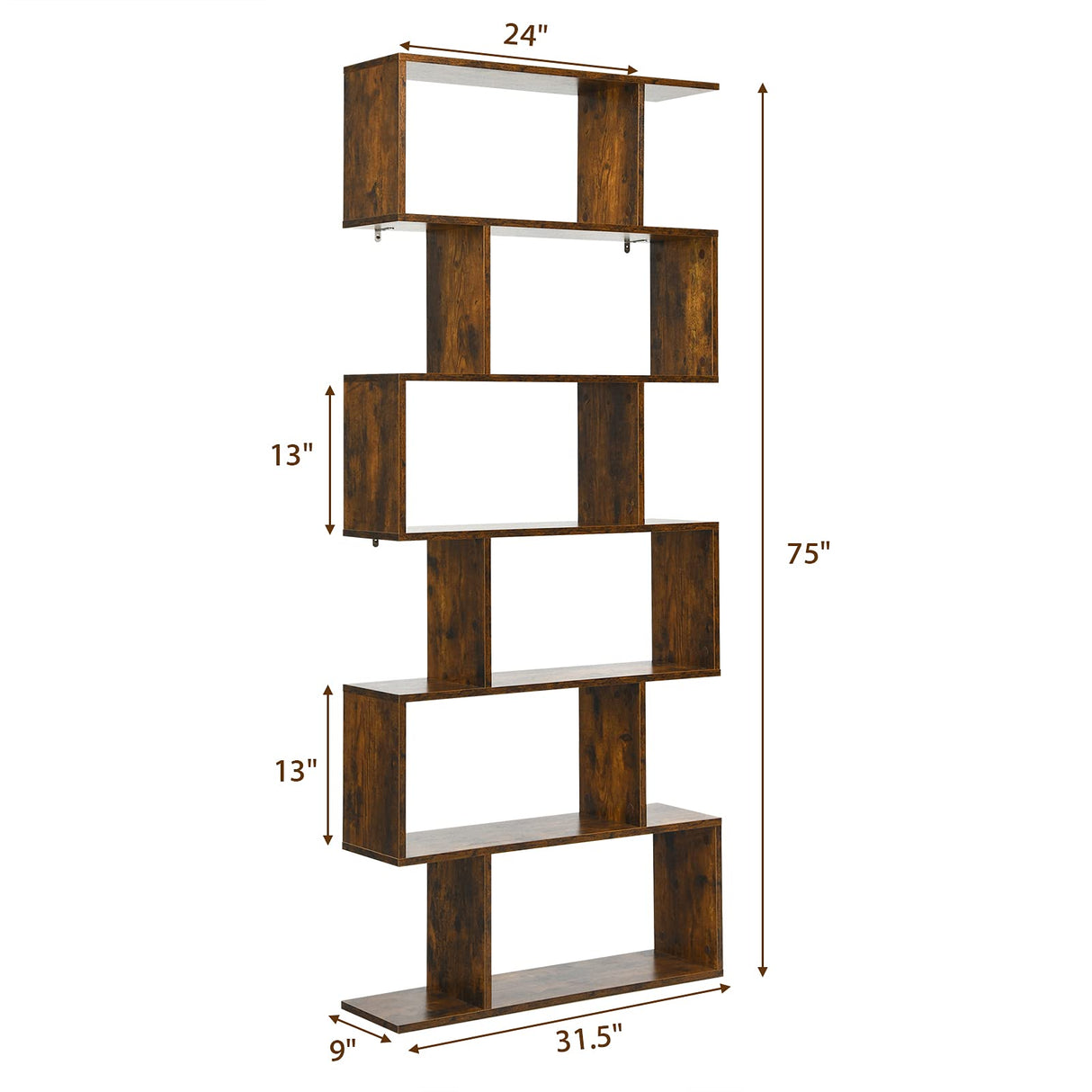 IFANNY 6 Tier Bookshelf, S Shaped Bookcase w/Staggered Storage Shelves, Display Shelf and Room Divider, Librero para Habitacion, Book Shelf for Bedroom, Living Room, Home Office (Rustic Brown) IFANNY