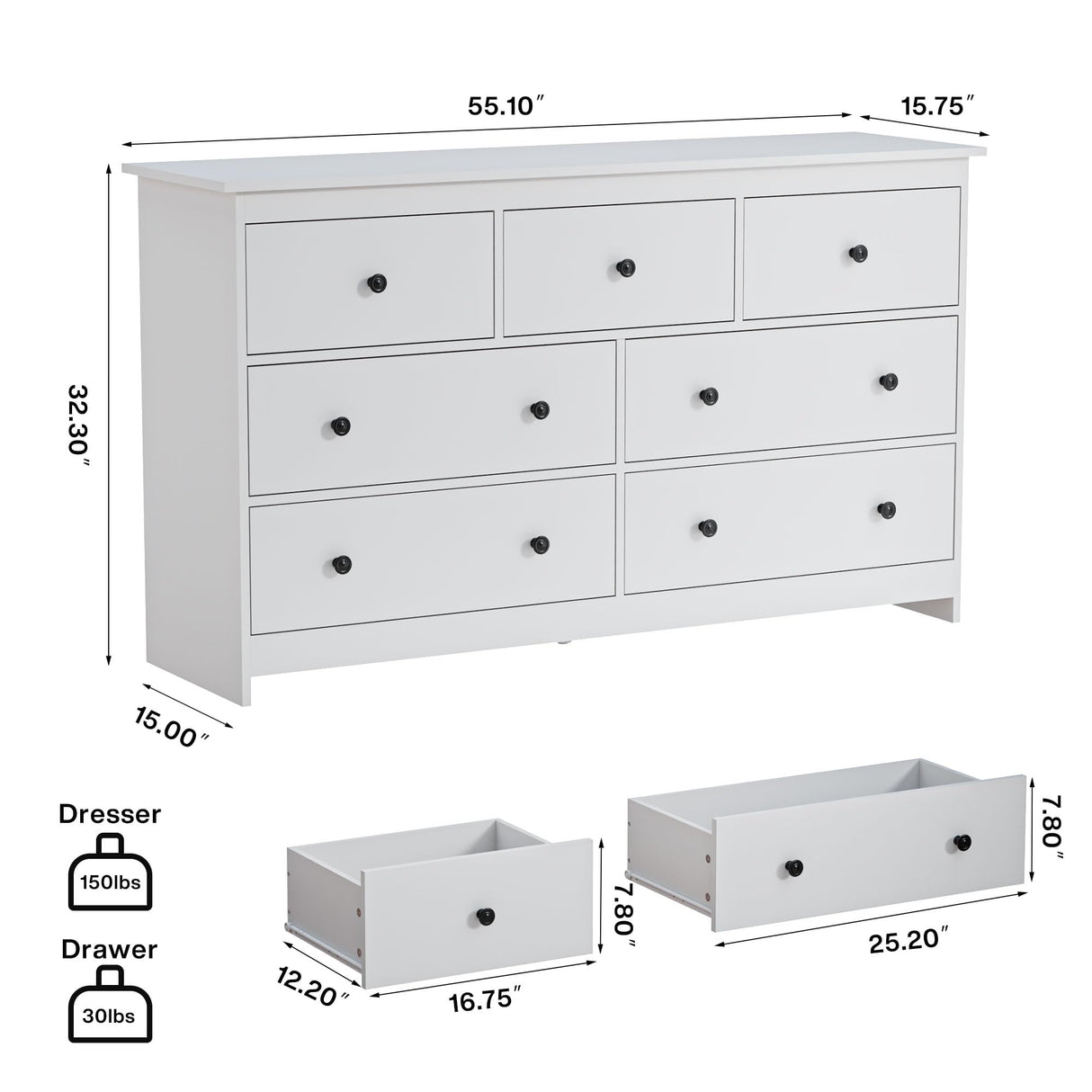 JOZZBY 55" White Dresser for Bedroom, 7 Drawer Wooden Double Dresser with Metal Handles, Modern Storage Chest of Deep Dresser for Nursery, Hoom Office, Hallway JOZZBY