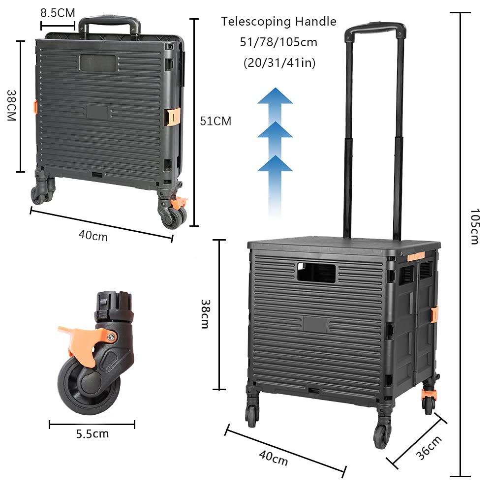 FELICON SELORSS Foldable Utility Cart Folding Portable Rolling Crate Handcart with Heavy Duty Telescoping Handle Collapsible 4 Rotate Wheels for Travel Shopping Move Luggage Office Use(Black+Black)