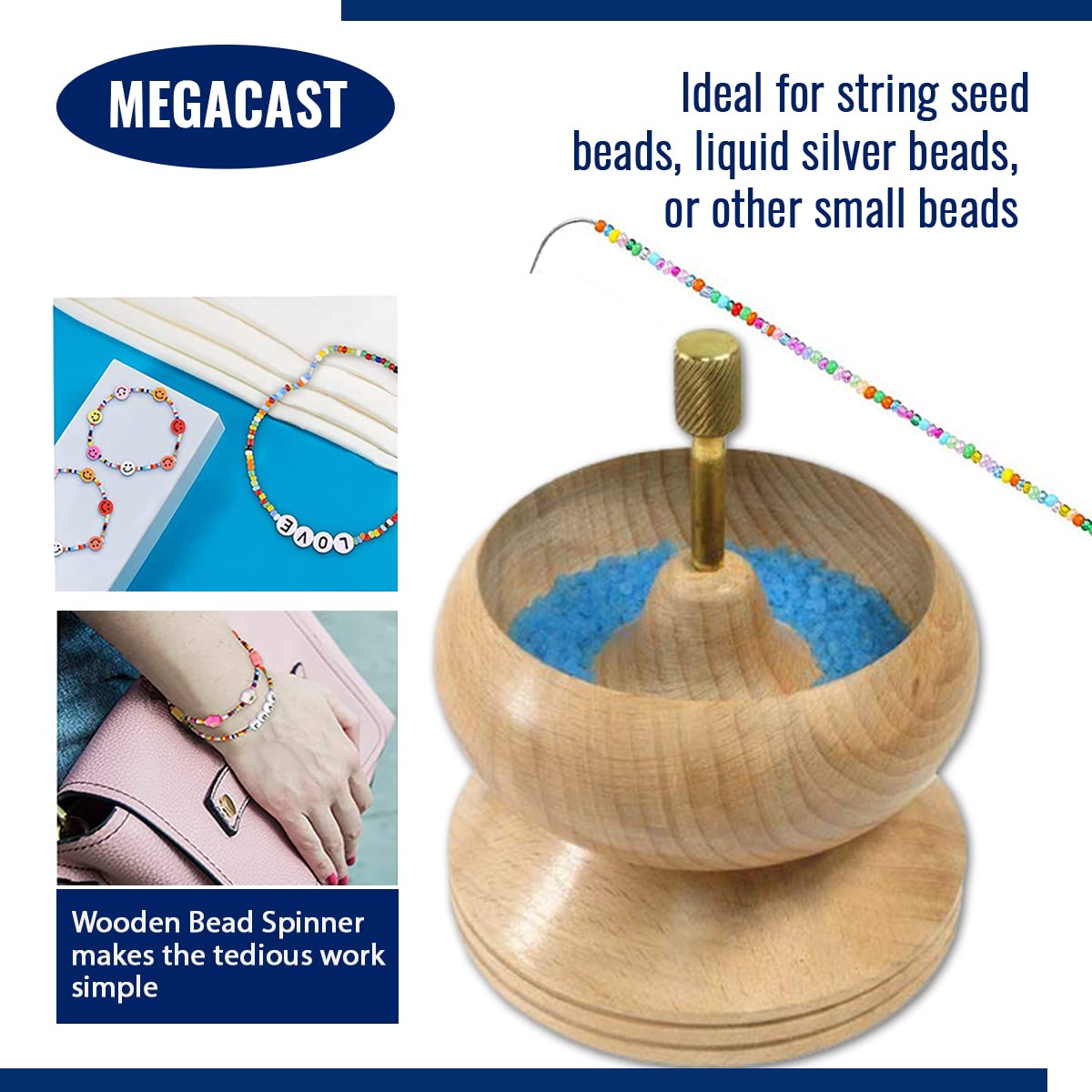 MegaCast Wooden Bead Spinner, Bead Loader Spinner with Needle Jewelry Making Bead Holder for Craft Stringing Beads MegaCast
