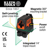 Klein Tools 93MCLG Self-Leveling Laser Level, Mini Cross-Line Level, Leveling Alignment Tool, Bright Green Horizontal and Vertical Lines Klein Tools