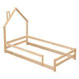 Dolonm Twin Size Montessori House-Shaped Floor Bed Frame with Guardrails in Natural Pine Wood Dolonm