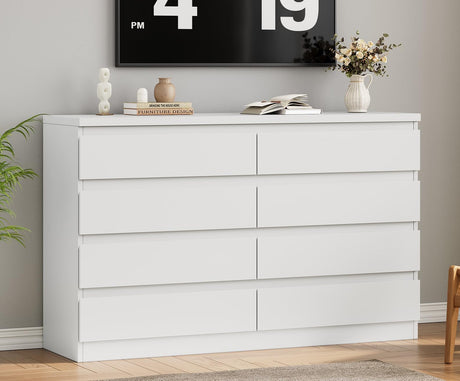 Jocoevol Modern White 8 Drawer Dresser for Bedroom, 15.3" D x 55.2" W x 32.3" H Simply Chest of Drawers, Wood Storage Dresser with Deep Drawers for Living Room Hallway Entryway, White Jocoevol