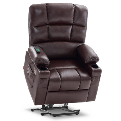 MCombo Large Lay Flat Dual Motor Power Lift Recliner Chair Sofa with Massage and Heat for Elderly People, Infinite Position, Faux Leather 7680 (Dark Brown, Large) MCombo