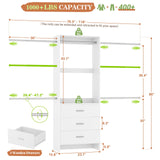 Aheaplus Closet System, Closet Organizer with 3 Wooden Drawers, Closet Organizer System, Walk-in Closet Wardrobe Clothes Rack with 4 Hanging Rods, Garment Rack, -4R, White Aheaplus