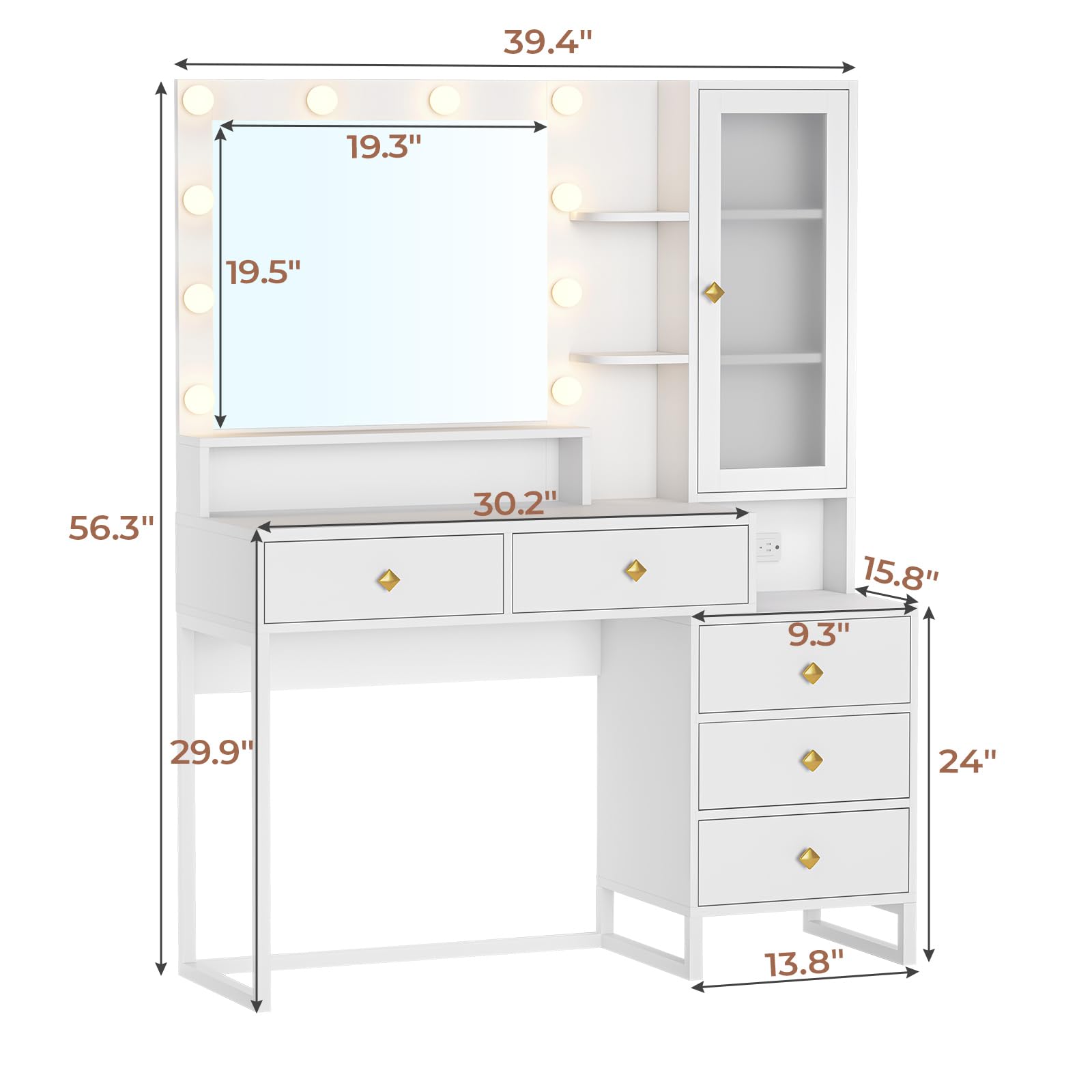 Tiptiper Makeup Vanity Desk with Mirror and Lights & Charging Station, White Vanity Table with 5 Storage Drawer & Glass Door & 3 Shelves for Bedroom, Modern White - WoodArtSupply