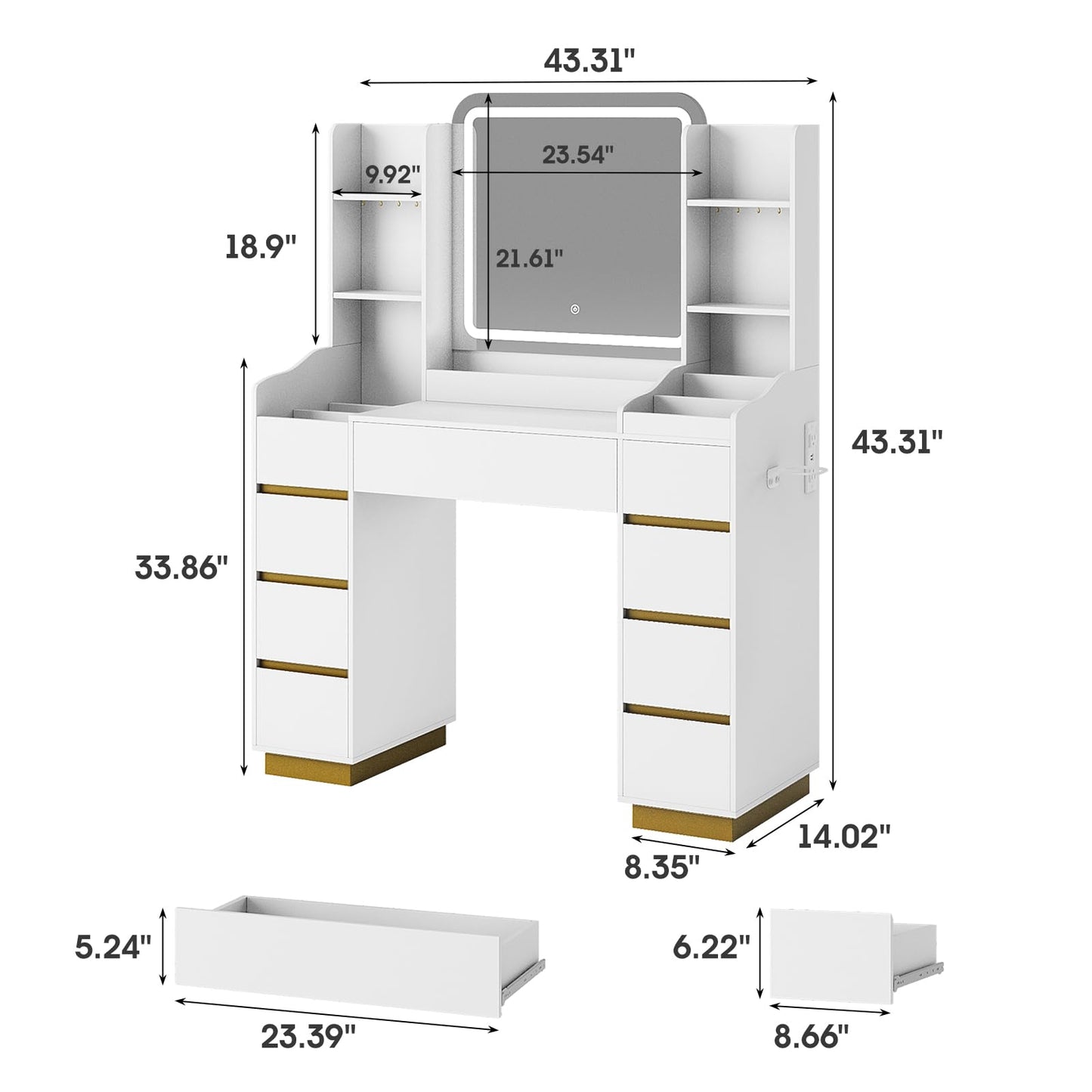 Vabches Large Makeup Vanity with 9 Drawers, Vanity Desk with Mirror and Lights,White and Gold Vanity Table with Charging Station for Bedroom