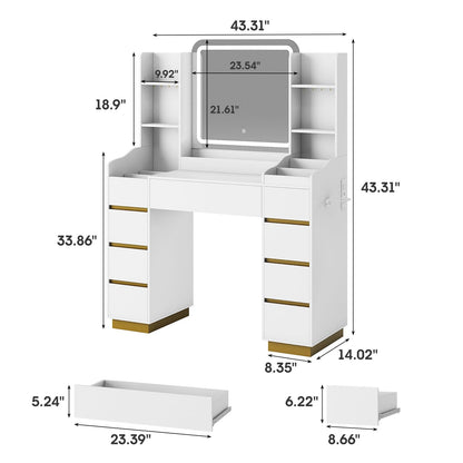 Vabches Large Makeup Vanity with 9 Drawers, Vanity Desk with Mirror and Lights,White and Gold Vanity Table with Charging Station for Bedroom