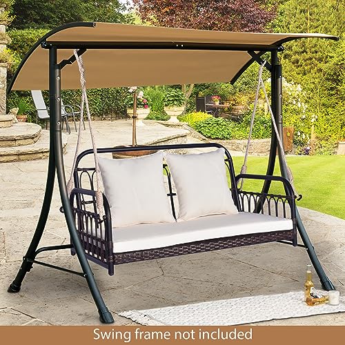 Tangkula Outdoor Wicker Porch Swing, 2-Person Hanging Seat with Seat & Back Cushions, Heavy-Duty Metal Frame & 2 Sturdy Hanging Ropes, Wicker Woven Swing Loveseat for Front Porch, Backyard (Off White) Tangkula