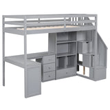 SOFTSEA Twin Size Loft Bed with Desk, Stairs, and Storage - Solid Wood Grey Design SOFTSEA