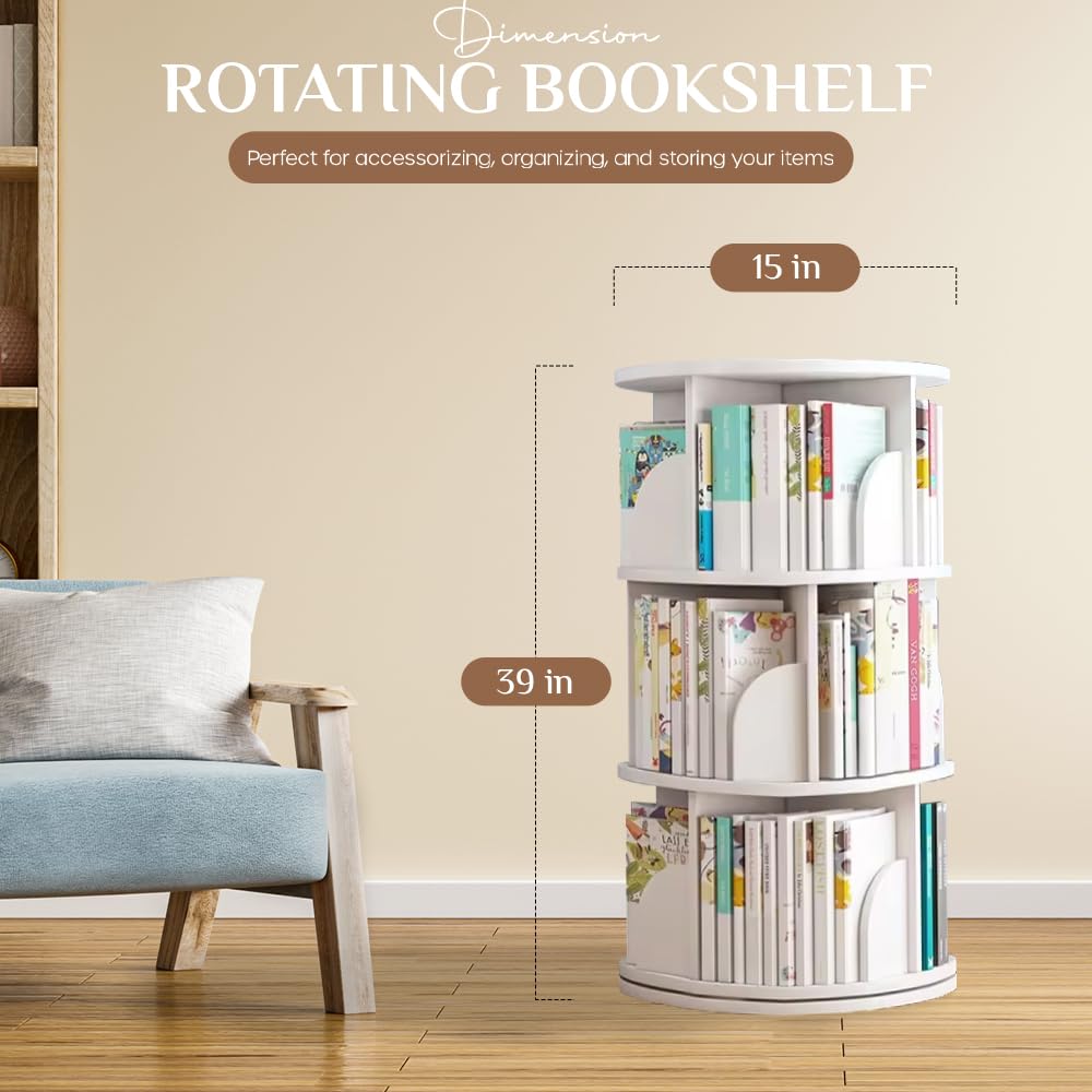 PrimeNex 360° Rotating White Bookshelf Tower - 3 Tier Floor Standing Storage Rack for Kids & Adults - WoodArtSupply