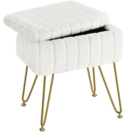 Greenstell Vanity Stool Chair Faux Fur with Storage, 15.7"L x 11.8"W x 19.4"H Soft Ottoman 4 Metal Legs with Anti-Slip Feet, Furry Padded Seat, Modern Multifunctional Chairs for Makeup, Bedroom White GREENSTELL