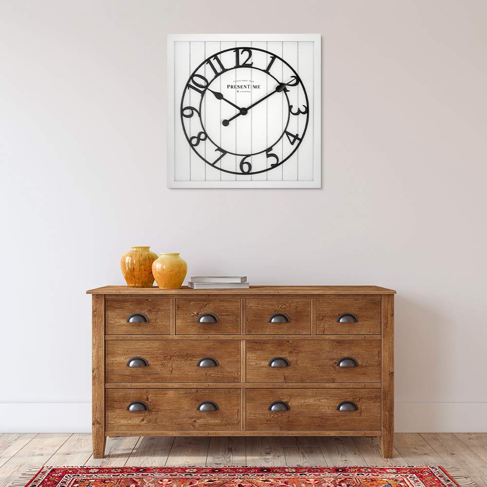 Presentime & Co 21" Farmhouse Square Shiplap Barn Door Wood Clock - White, Arabic Numeral. Home Decoration/Wall Decoration/Farmhouse Décor for Living Room, Dining Room, and Entryway. Presentime