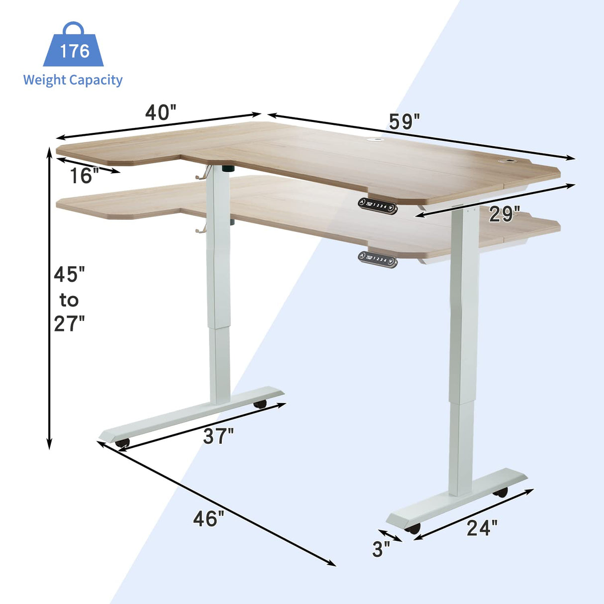 BUNOEM L-Shaped 59" Height Adjustable Electric Standing Desk,Height Stand Up Computer Desk,Sit and Stand Home Office Desk with Splice Board (Oak Top, White Frame) BUNOEM