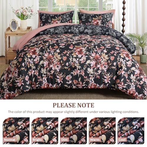 Dobuyly Black Comforter Queen Size Set, 7 Piece Floral Bedding Comforter Set, Black and Pink Bed in a Bag Botanical Flower Pattern with Sheets, Pillowcases & Shams All Season Dobuyly