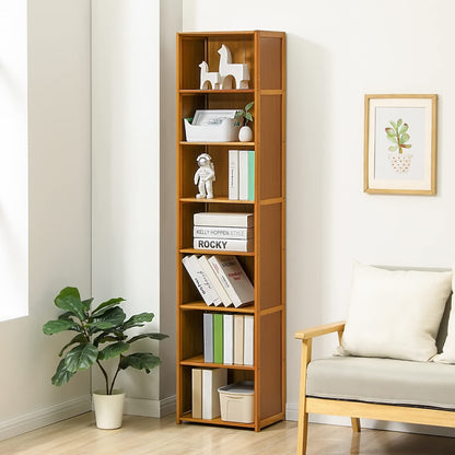 MoNiBloom 7-Tier Bamboo Free Standing Bookcase - Tall Narrow Display Shelves for Home Décor - WoodArtSupply