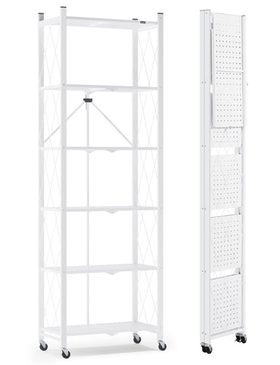 ALANNG 73.6 Inch Folding Bookshelf, 6 Tier Metal Bookcase and Bookshelves, Tall Shelves for Living Room Office Bedroom, Heavy Duty Book Shelve Free Standing Open (White, 1PACK)