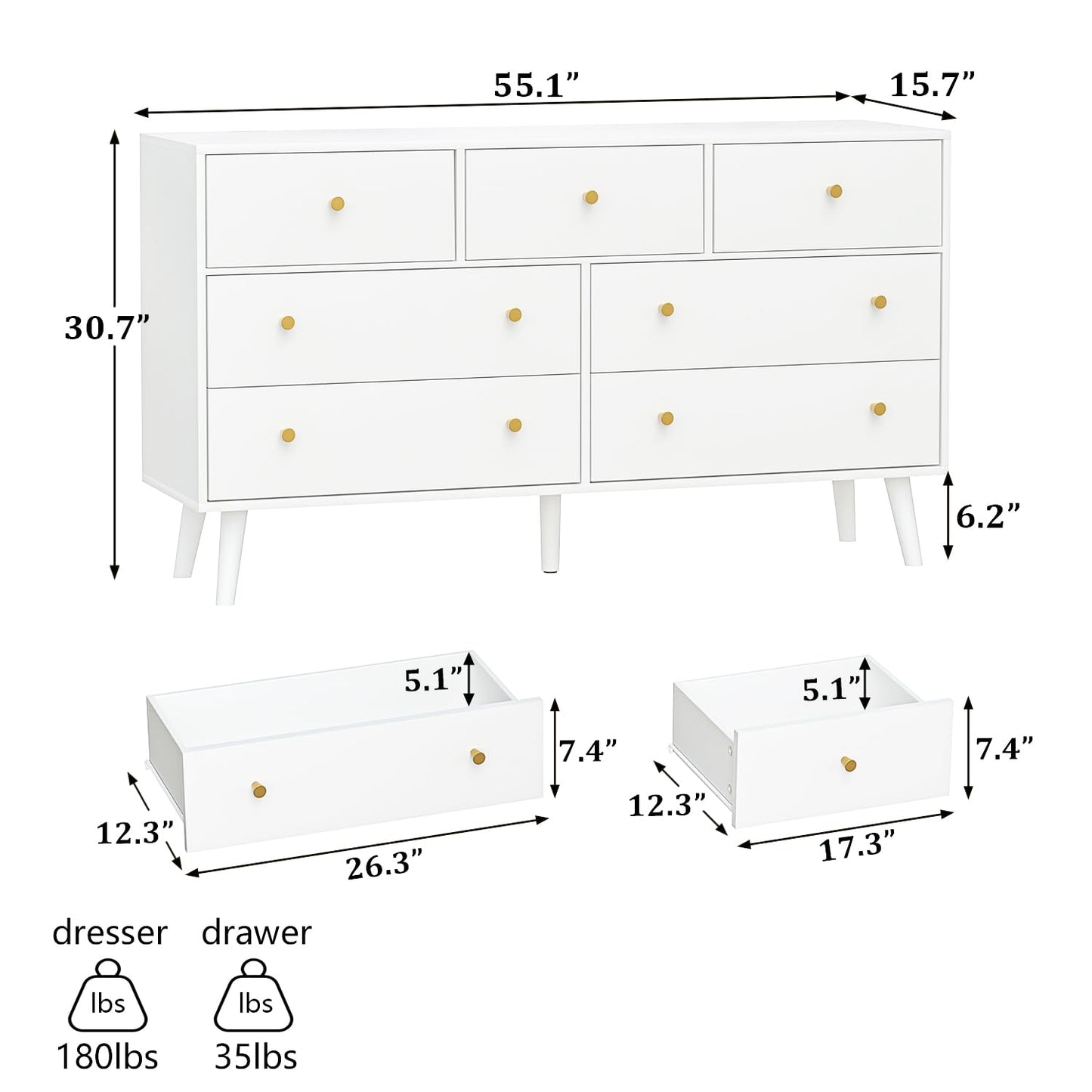 Wananlanen 7 Drawers Dresser for Bedroom, 55'' Dressers & Chests of Drawers with Gold Handles and 7 Large Drawer, Modern Double Wooden Storage Organizer Cabinet, Hallway, White