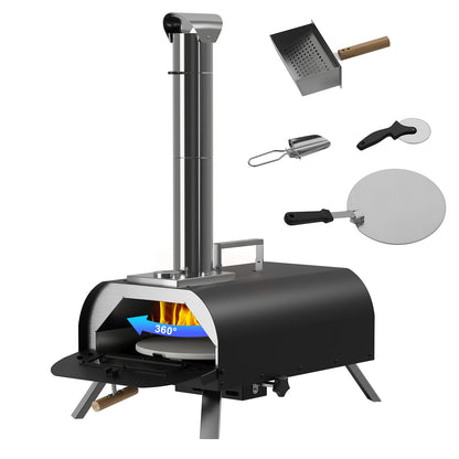 LotFun Outdoor Pizza Oven with Manual Rotating System, 12" Portable Wood Fired Pizza Oven with Pizza Stone, Pizza Shovel and Pizza Cutter, Stainless Steel Pizza Oven for Backyard Patio