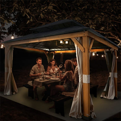 GAELOP DFHBFG 11 Ft. W X 13 Ft. D Solid Wood 2-Tier Patio Gazebo Metal Hard Top Gazebo with Curtains and Netting