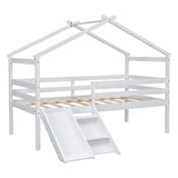PVWIIK Twin Size Low Loft Bed with Slide for Kids,Girls,Boys Bedroom,Wood House Roof Frame with Inclined Ladder,Easy to Assemble,Under Bed Storage,No Box Spring Needed,White PVWIIK