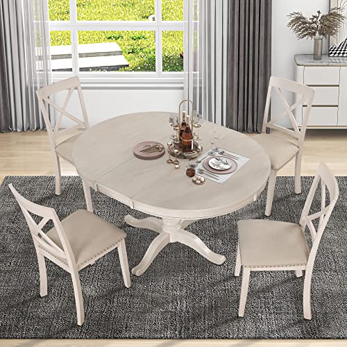 Extendable Dining Table Set for 4, 5 Piece Kitchen Table and Chairs Set, 4 X-Back Solid Wood Dining ChairSet, Industrial Oval Round Dining Table for Small Space, Apartment, French Country White SCANORDIC