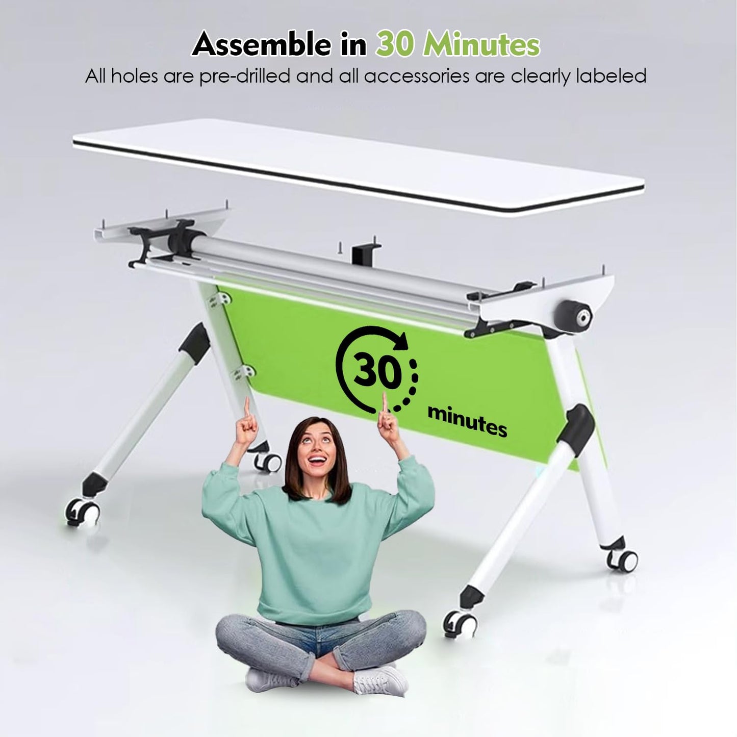 Folding Conference Table with Wheels,1PCS Modern Rectangle Office Meeting Table, Flip Top Training Room Tables Save Space Design for 2 People Movable Computer Desk for Study Working 55.1"x23. - WoodArtSupply