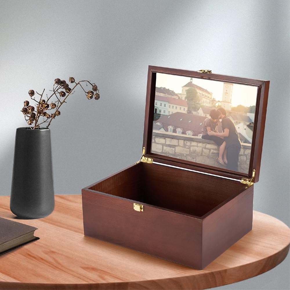 Larger Wooden Memory Keepsake Boxes With Hinged Lids and a photo frame inside the lid - Decorative Storage Box With a Hinge Lids For Picture Letter