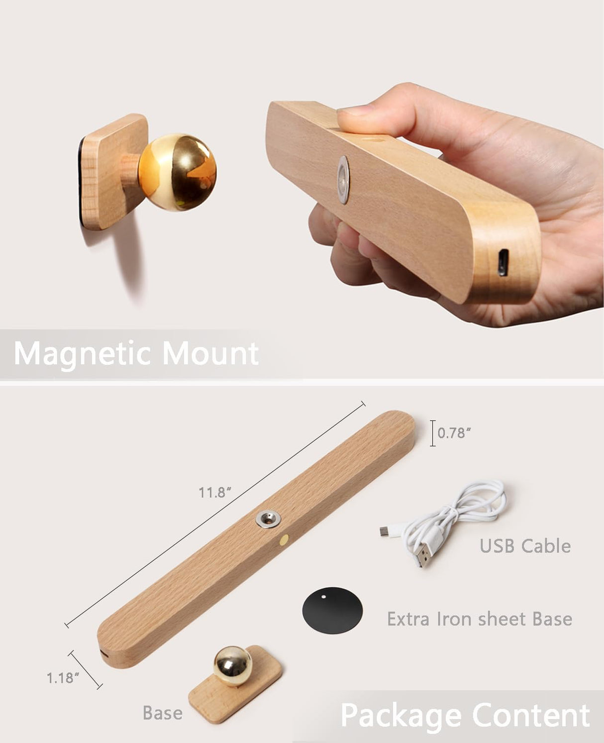 Chilvane Wooden Vanity Light Wall Sconce Battery Operated Wall Light LED 360° Rotable Magnetic Ball Dimmable Rechargeable Wall Mounted Cordless Night Light for Mirror Makeup Bathroom Bedroom Household Chilvane