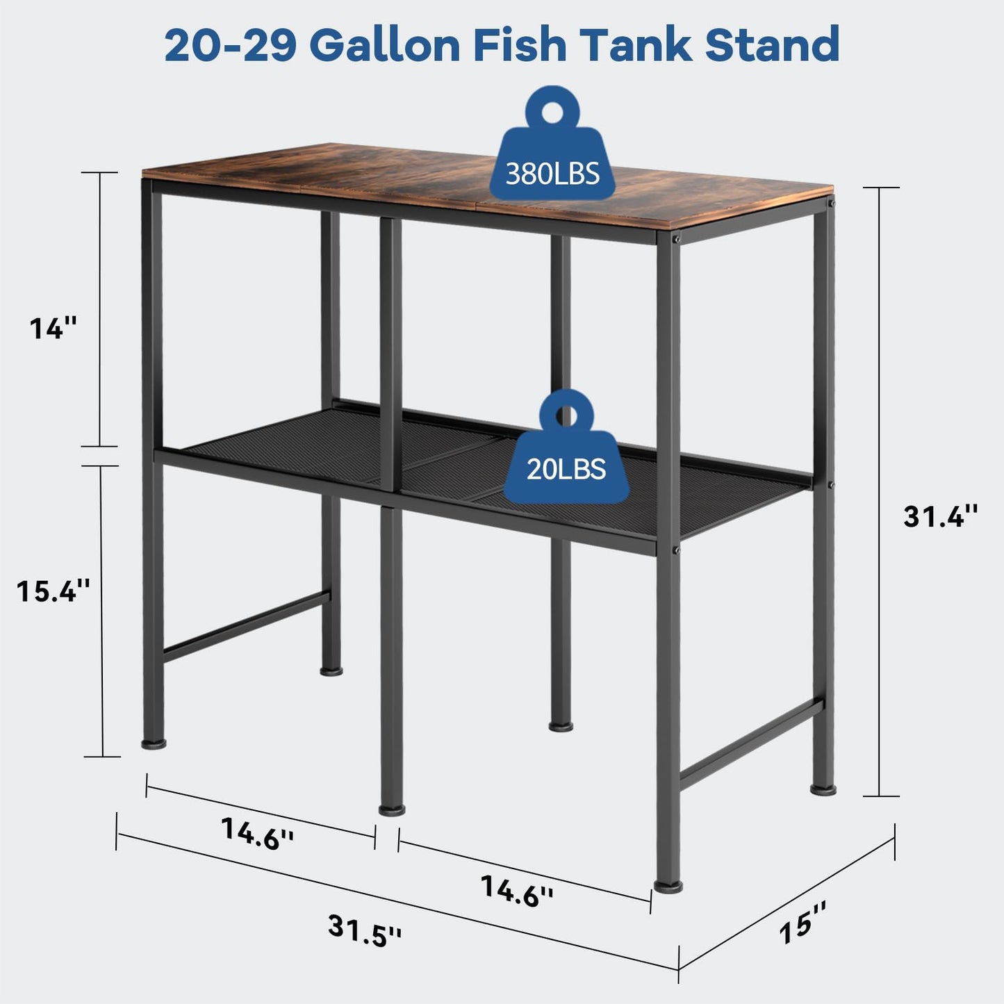 20-29 Gallon Water Tank Fish Tank Stand Metal Iron Frame for Insect Tank Pot Plants 2-in-1 Shelf Maximum Weight 400 Lbs 31.5In x 15In Adjustable Legs Suitable for A Variety of Furniture Styles